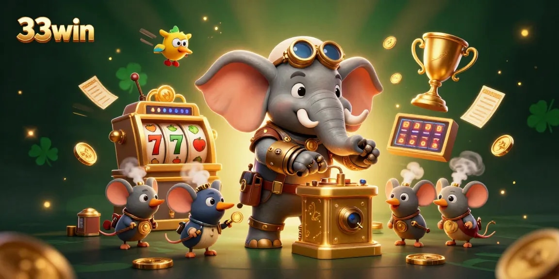 Engage with the 33win slot experience featuring a steampunk elephant engineer at a golden machine.