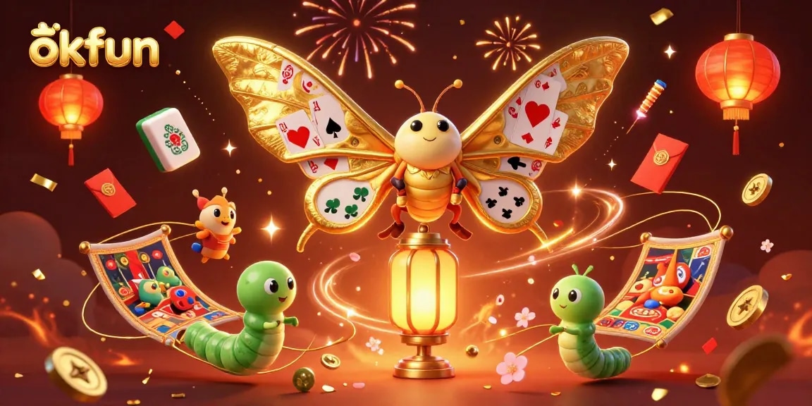 Play exciting casino games with okfun featuring a vibrant 3D illustration of lucky symbols and a majestic moth.