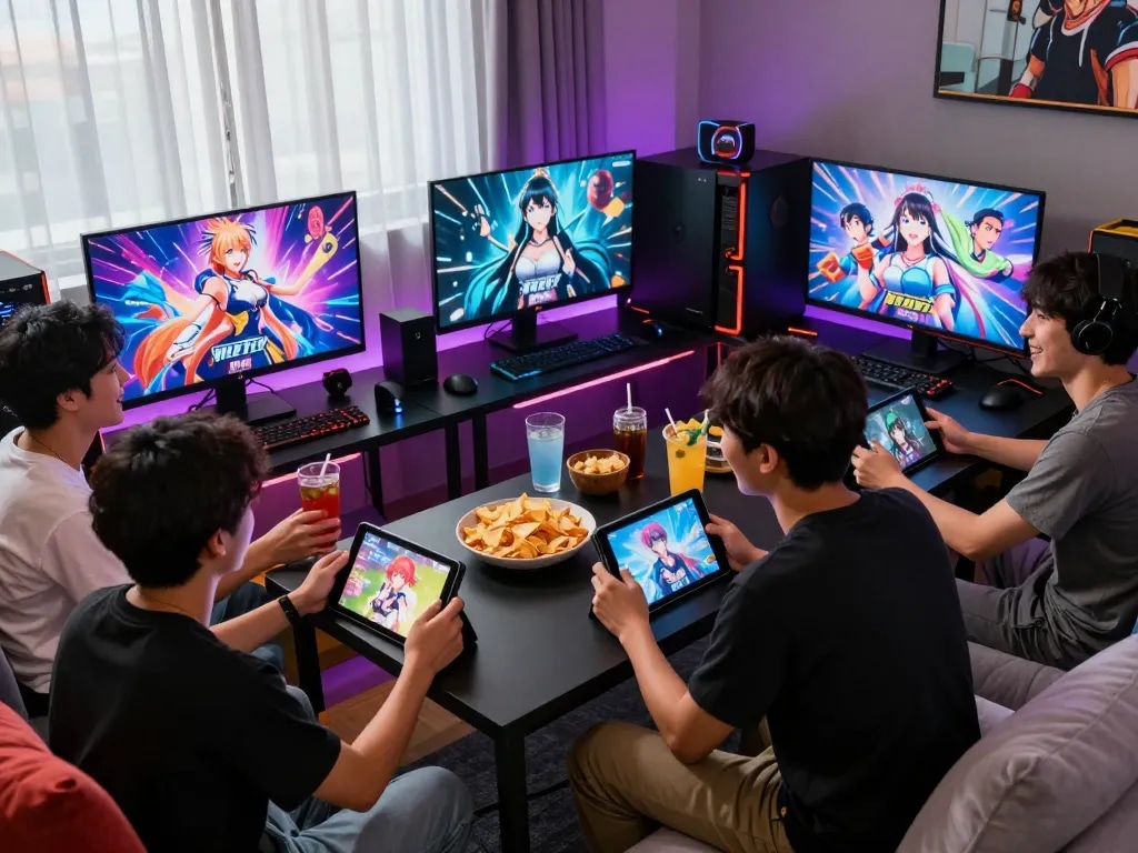 Exciting gaming scene featuring friends playing engaging hentai games online with snacks and vibrant atmosphere