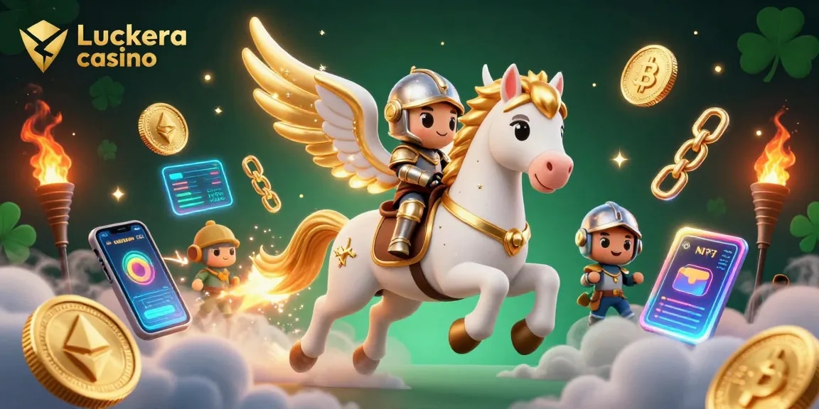Luckera casino offers exciting gameplay showcased in a 3D illustration of a horse and knight amidst crypto coins.