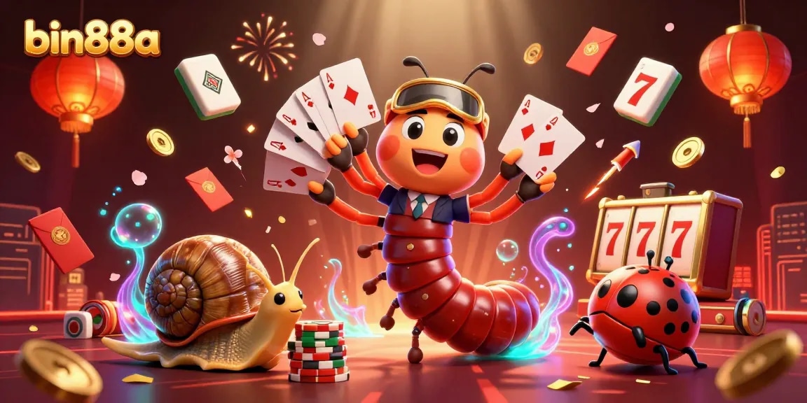 Engage with bin88a's vibrant casino environment featuring a millipede dealer and colorful gambling elements.