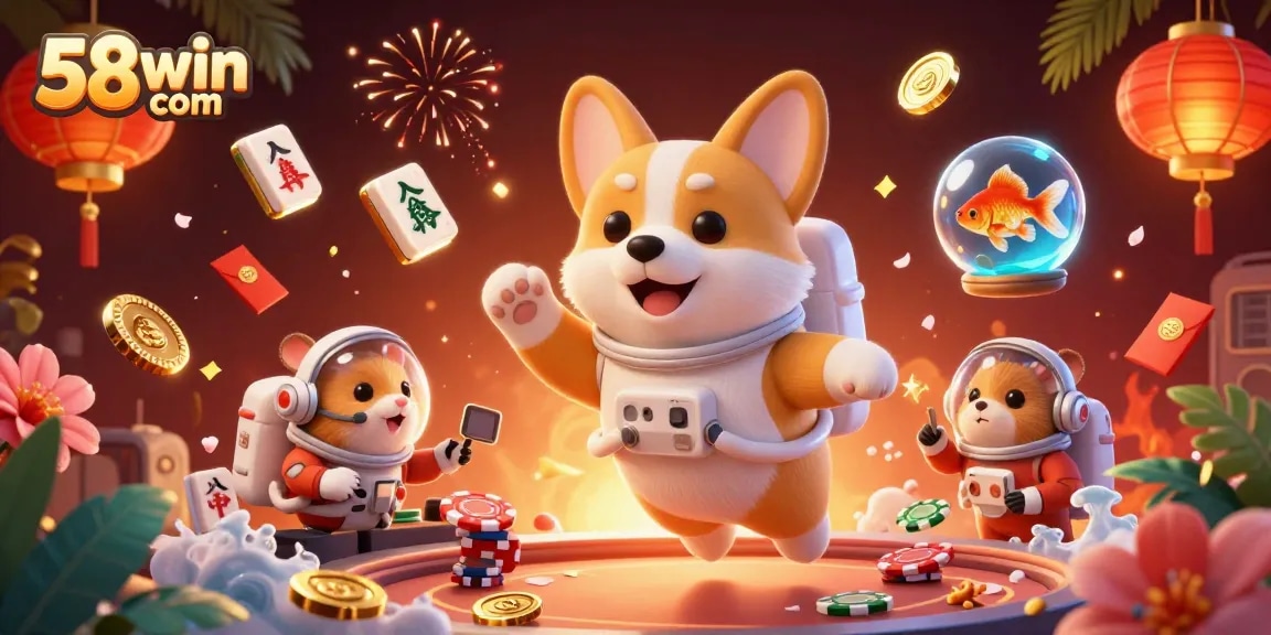 Winning in a vibrant casino space with 58win com featuring playful characters and floating treasure.