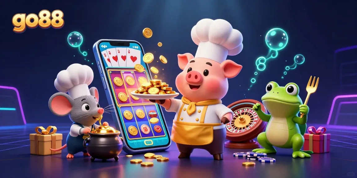 Experience go88 excitement with a lively casino-themed scene featuring a chef pig, mouse, and frog.