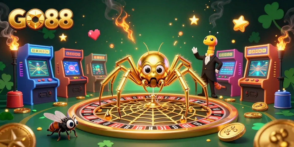 Engage in exciting gaming at GO88 with a vibrant roulette scene showcasing a golden spider, a fly betting, and fun arcade machines.