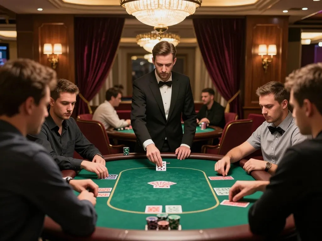 Engaged players at a poker game on https://lv88.baby/ strategizing their next move in an upscale setting.