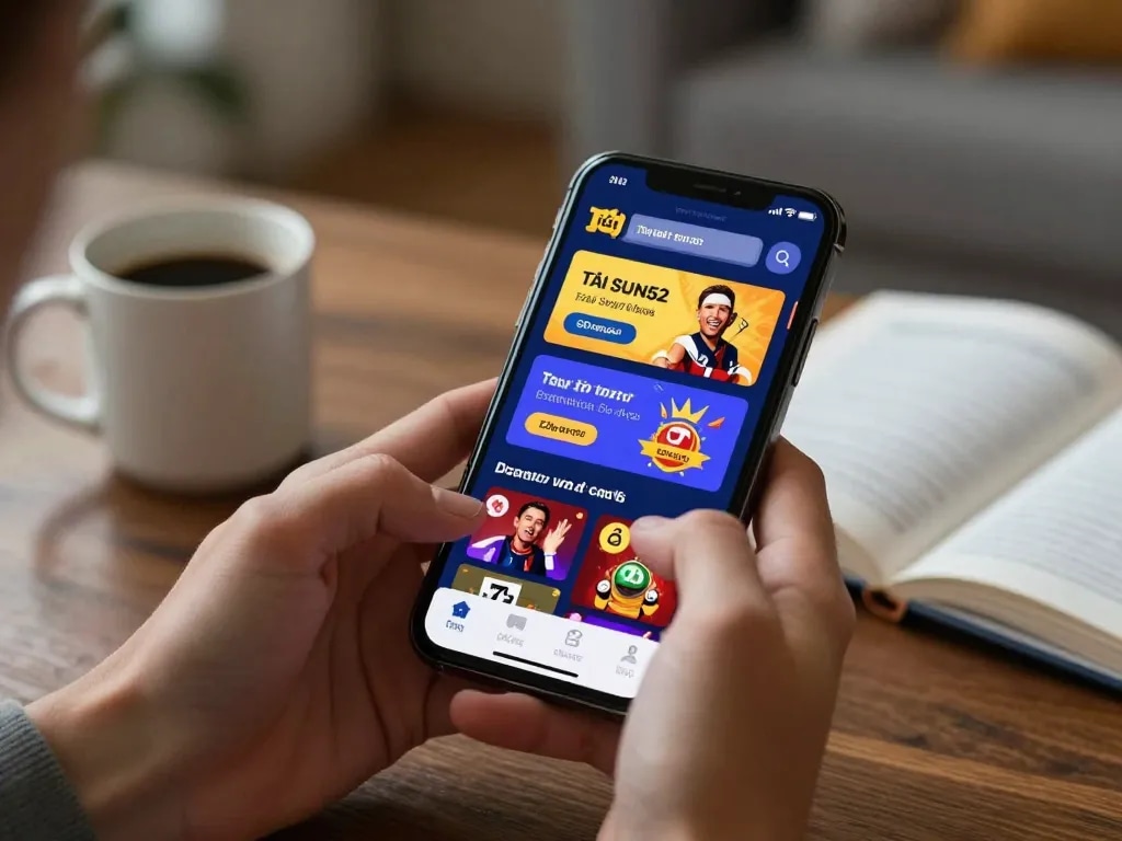 Tải Sun52 app on smartphone showcasing online gaming features in a cozy home setting.