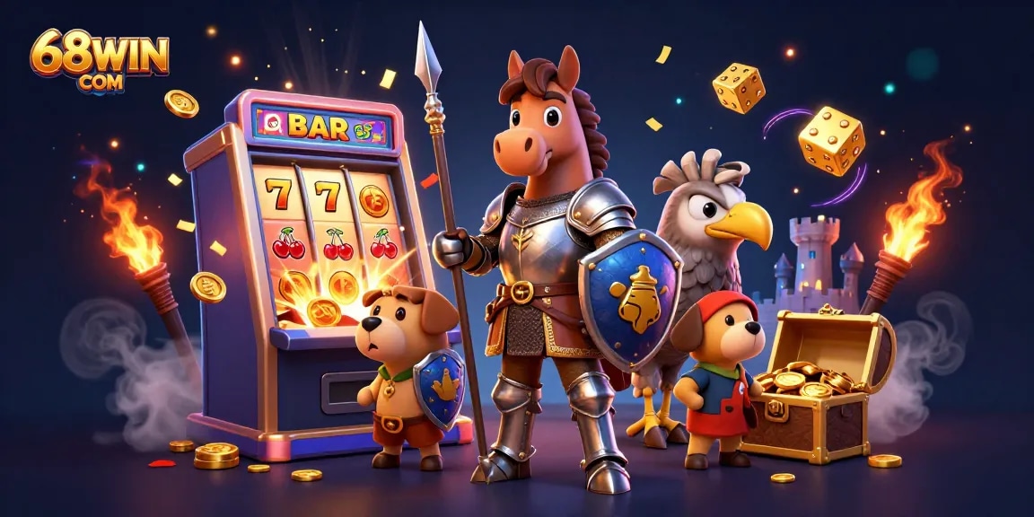 Experience the excitement of 68WIN COM with vibrant slot games and festive jackpot celebrations in this dynamic scene.