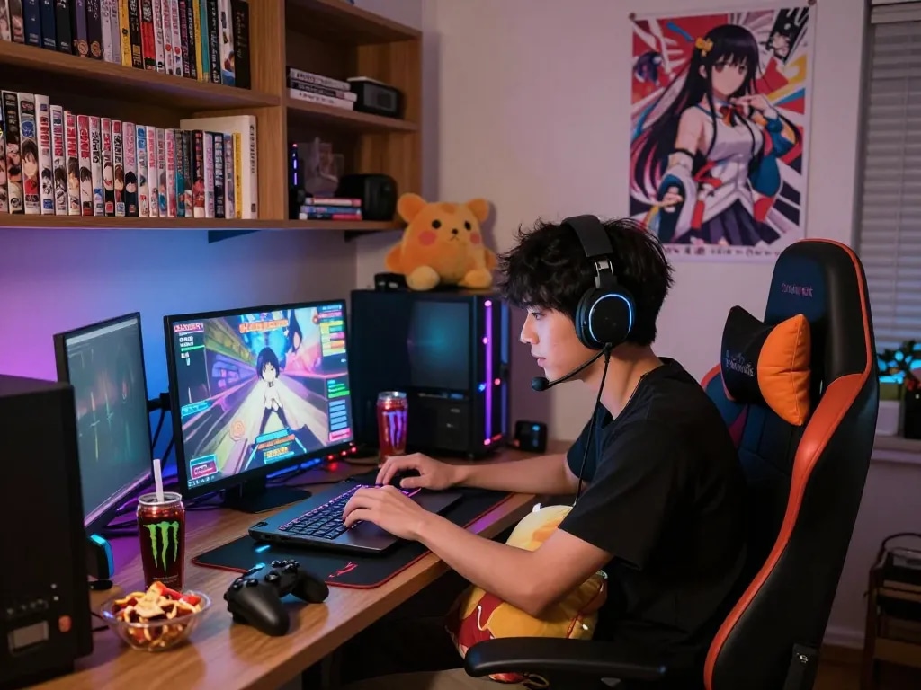 Player engaging with a hentai game in a cozy gaming setup, showcasing anime decor and immersive gaming accessories.