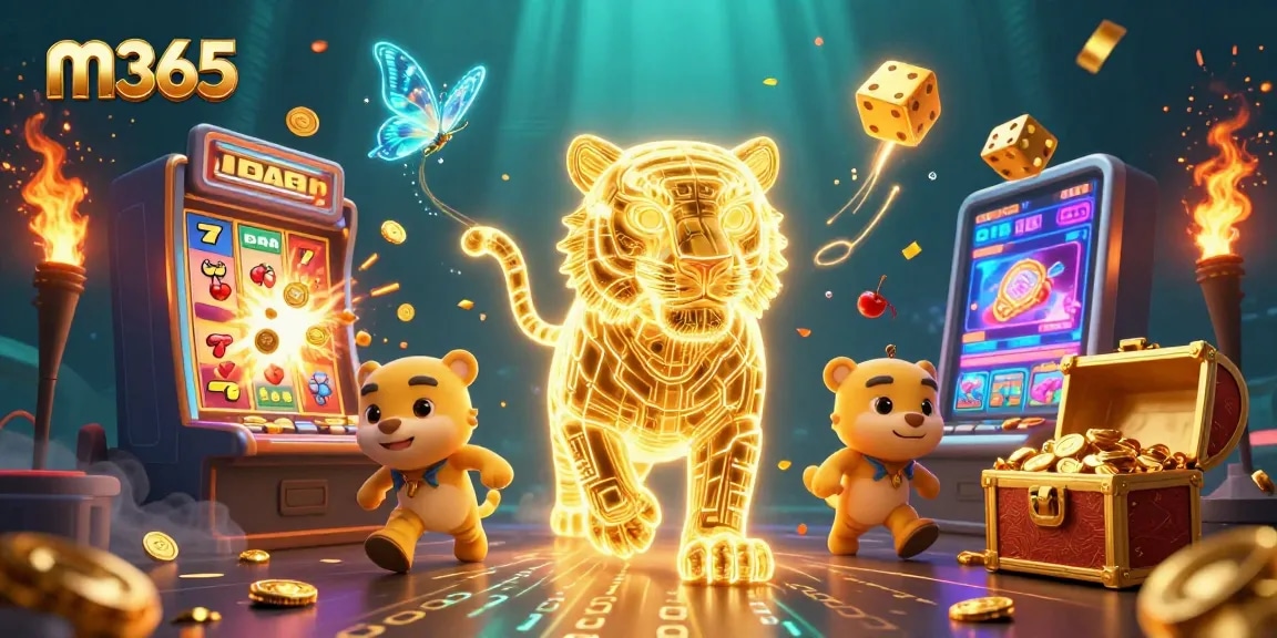 Experience the thrill of m365's dynamic casino world with a golden tiger amidst exploding jackpots.