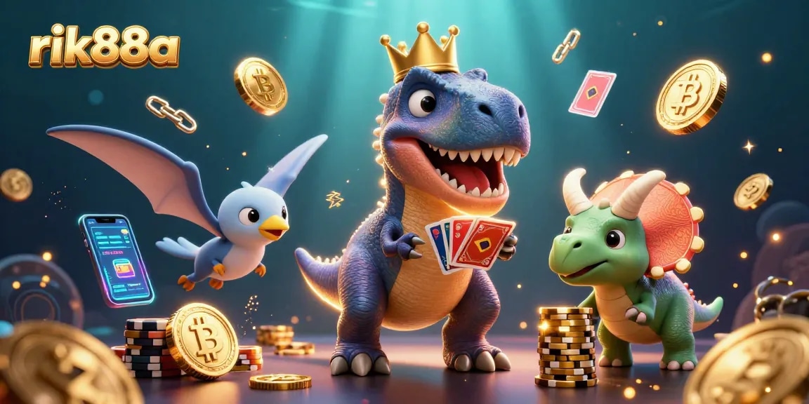 rik88a features a colorful 3D illustration of a T-Rex and characters engaging in casino gaming fun.