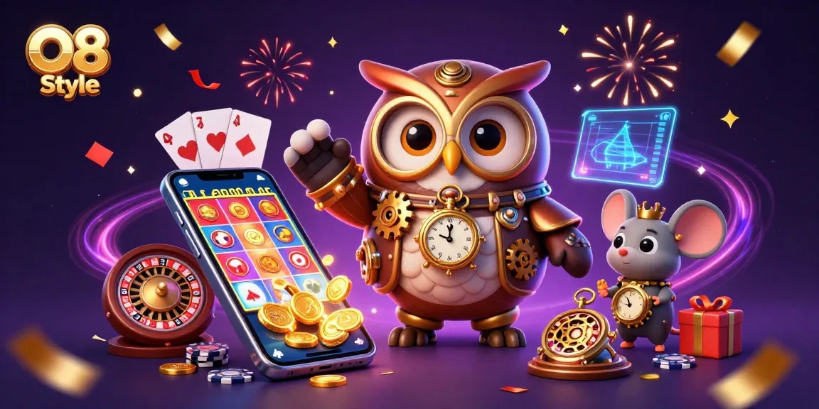 Experience O8 Style with immersive casino adventures in this vibrant 3D illustration.