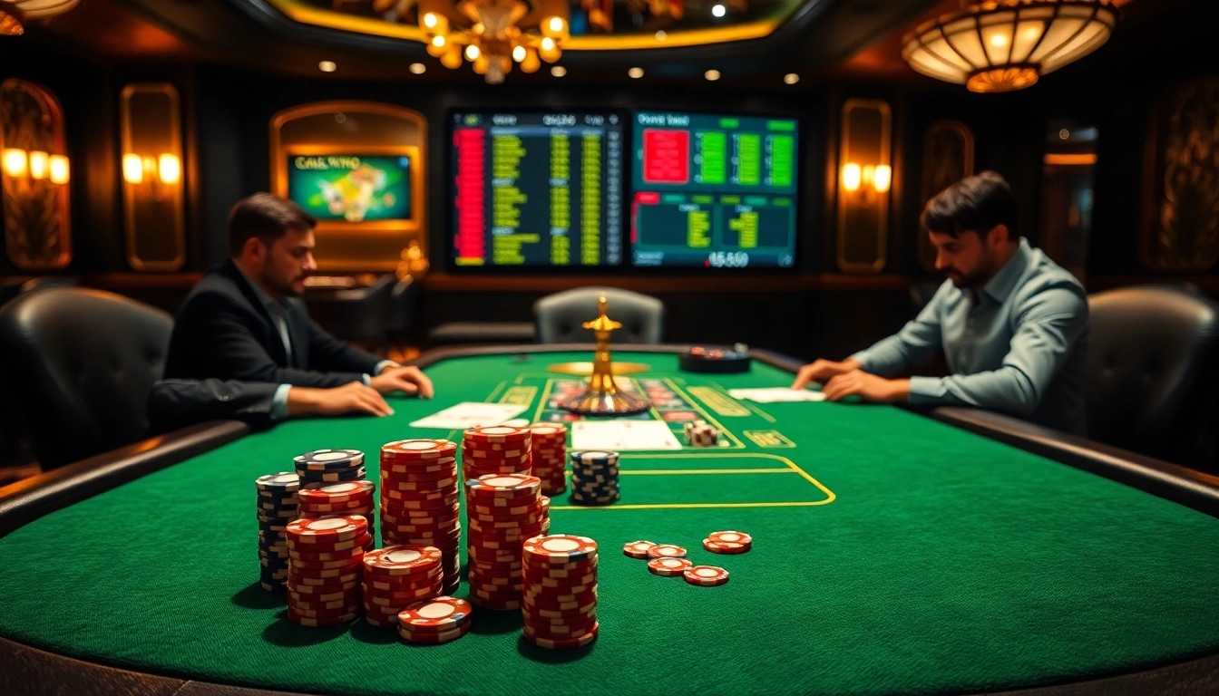 Experience thrilling poker action at https://555win5.co.com, featuring stacks of chips and vibrant casino ambiance.