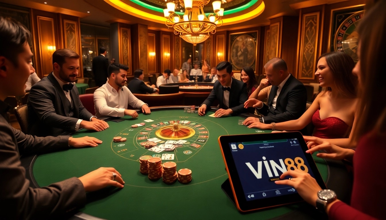 Players enjoying live dealer games at https://vin88wi.com/, featuring elegant blackjack table and vibrant casino atmosphere.