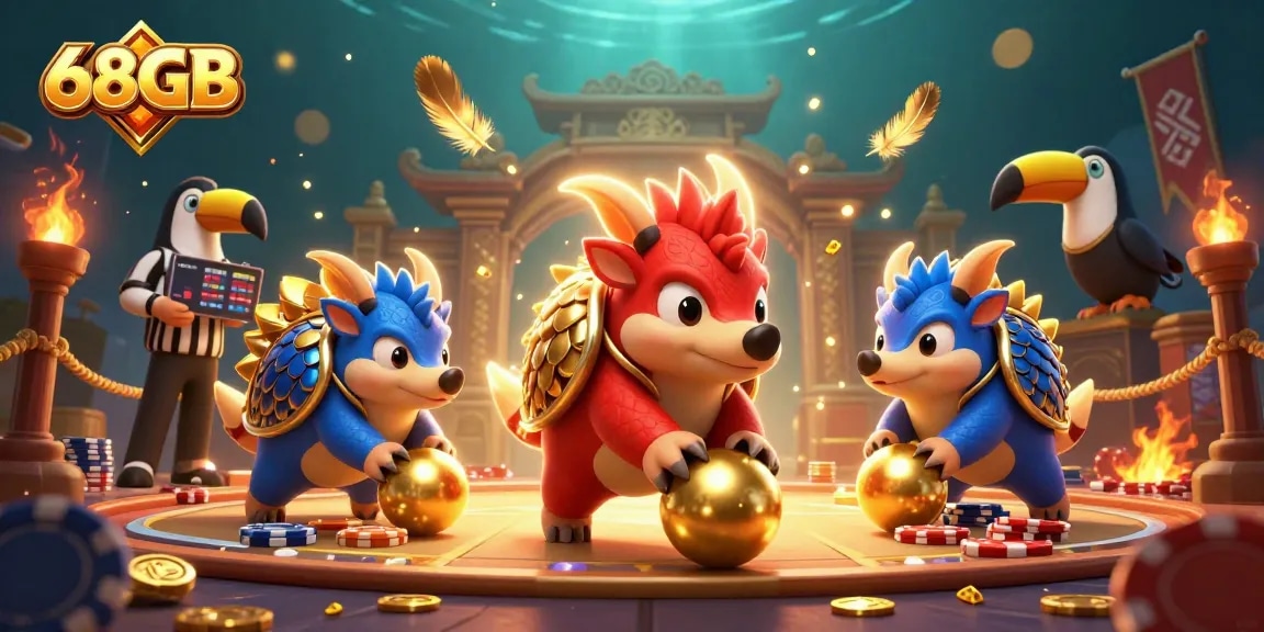 Engage in thrilling action at 68GB with vibrant pangolins and golden chips in a dynamic casino scene.