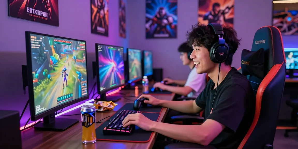An enthusiastic gamer engaged in an intense session at sv88m7.com, surrounded by vibrant game graphics and LED lights.