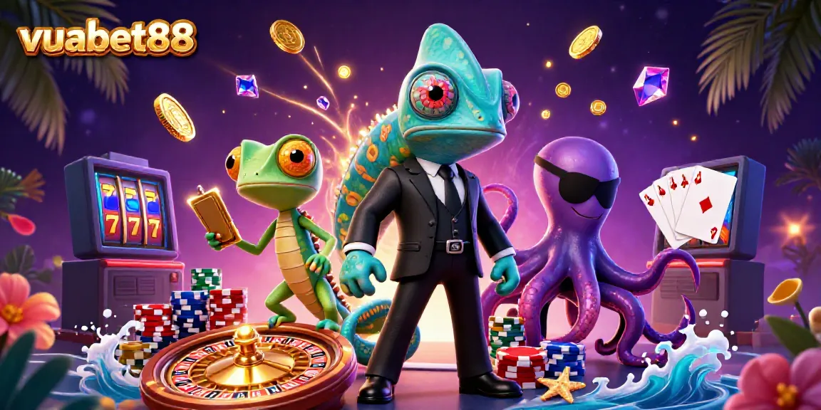 Engage with vuabet88's vibrant casino scene featuring a chameleon, gecko, and octopus amidst golden coins and gaming elements.