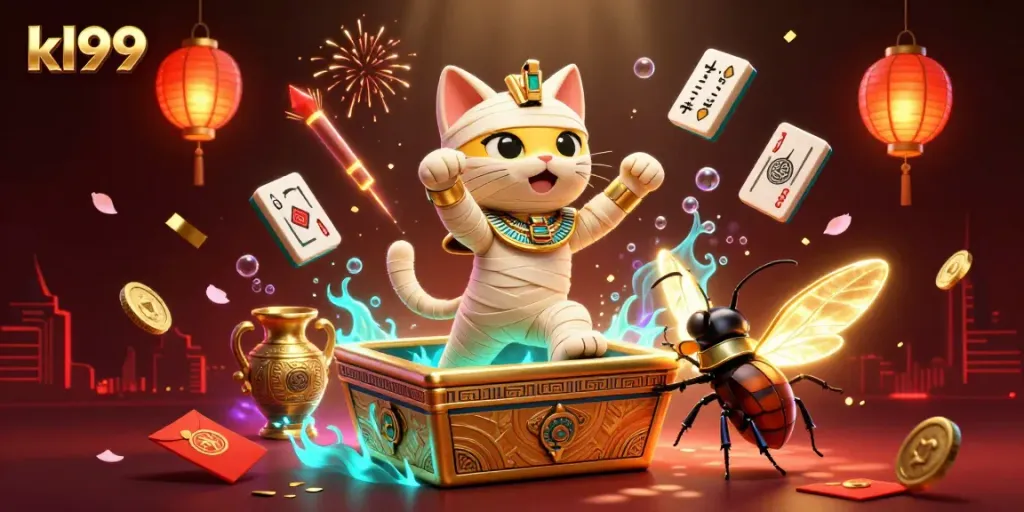 Experience the excitement of kl99 with a vibrant scene featuring an Egyptian mummy cat in a casino setting