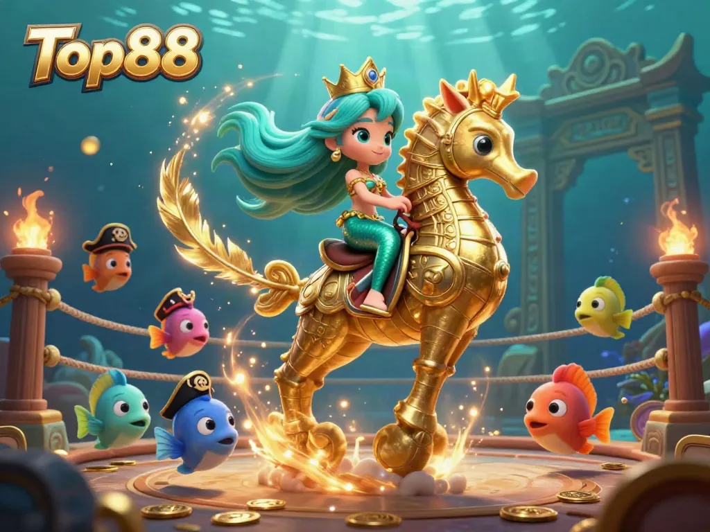 Experience Top88 with a vibrant underwater scene featuring a mermaid princess and seahorse in a dynamic casino theme.