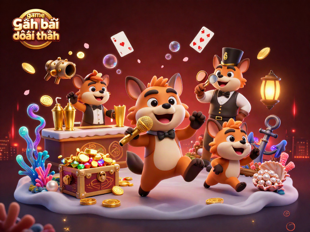 Experience the vibrant atmosphere of game đánh bài đổi thưởng in this lively casino scene with unique characters and dynamic elements.