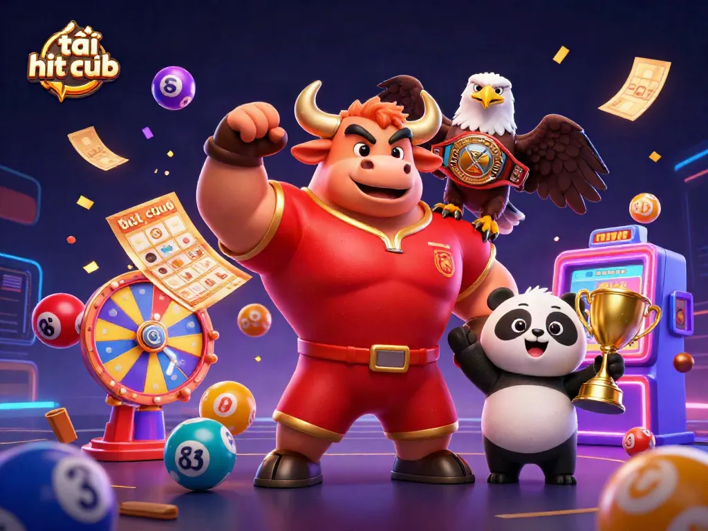 Join the excitement with tải hit club as our bull mascot leads a vibrant gaming celebration!