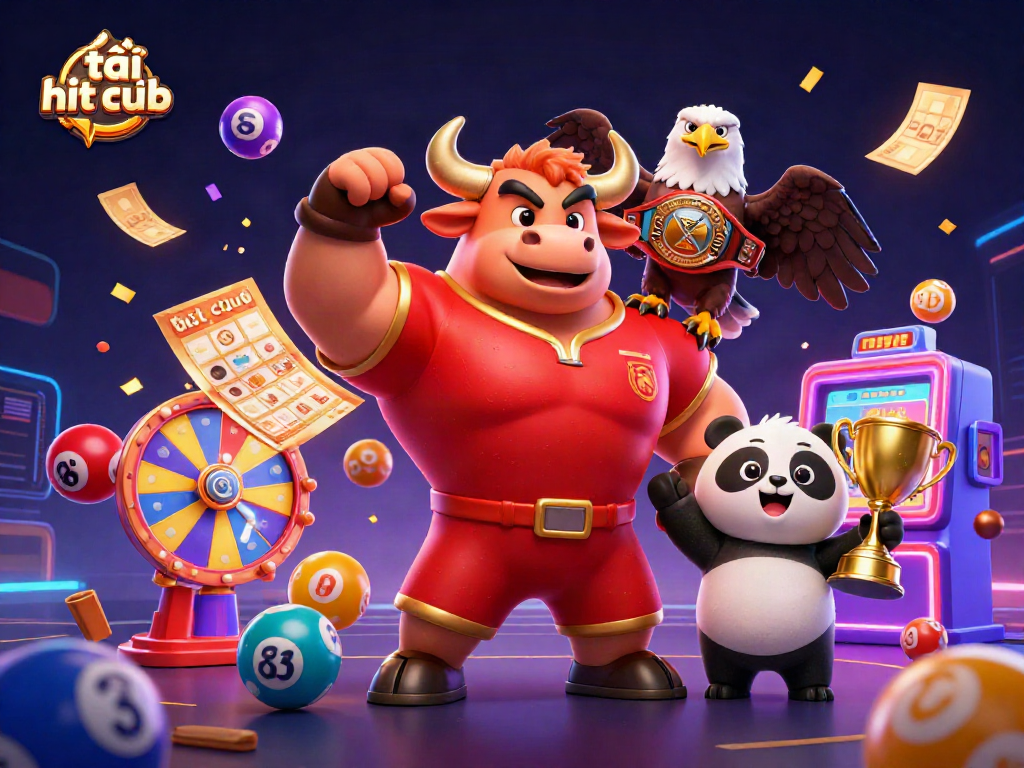 Join the excitement with tải hit club as our bull mascot leads a vibrant gaming celebration!