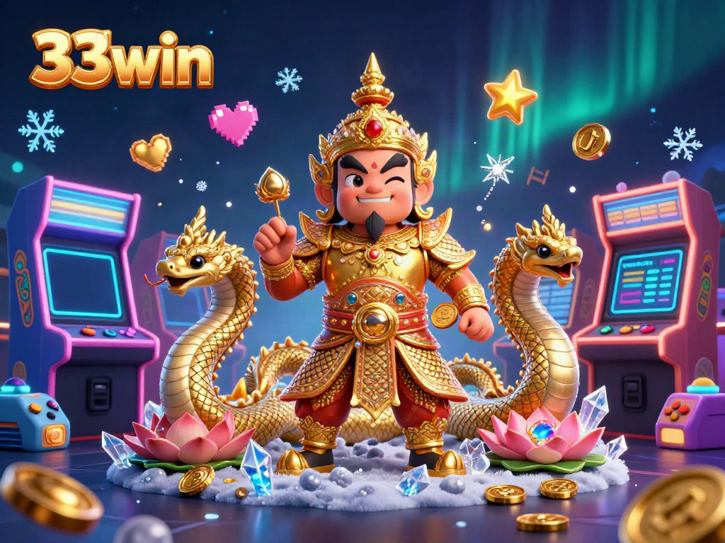 Engage in thrilling games at 33win with Naga guardians, 3D arcade elements, and vibrant casino atmosphere.