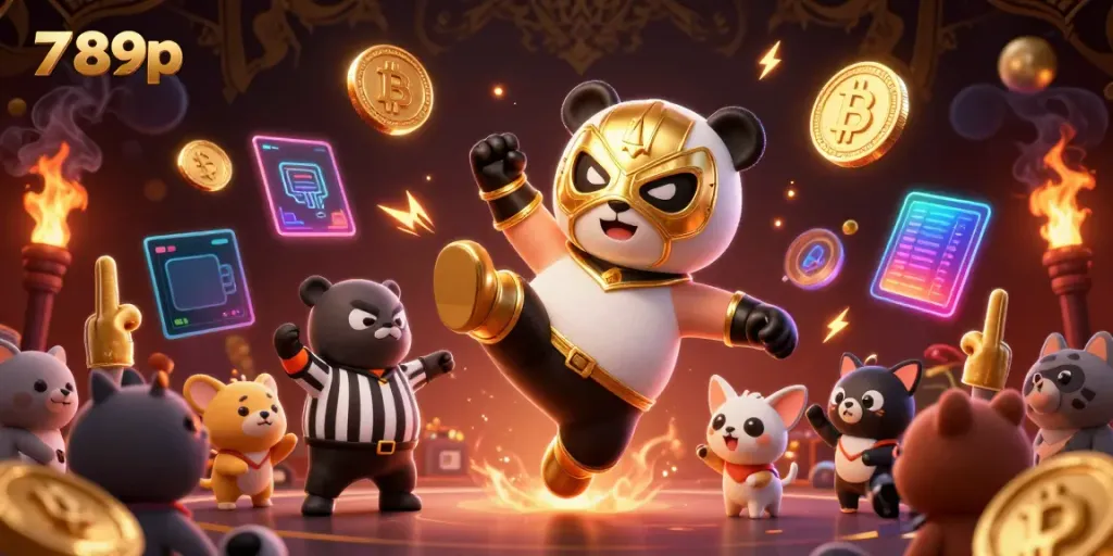 Experience exhilarating moments at 789p with a vibrant scene featuring a panda wrestler and animal spectators.