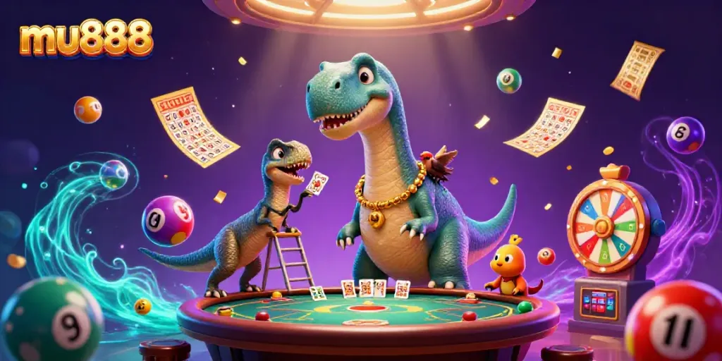 Experience thrilling games at mu888, where a giant dinosaur meets an exciting poker table.