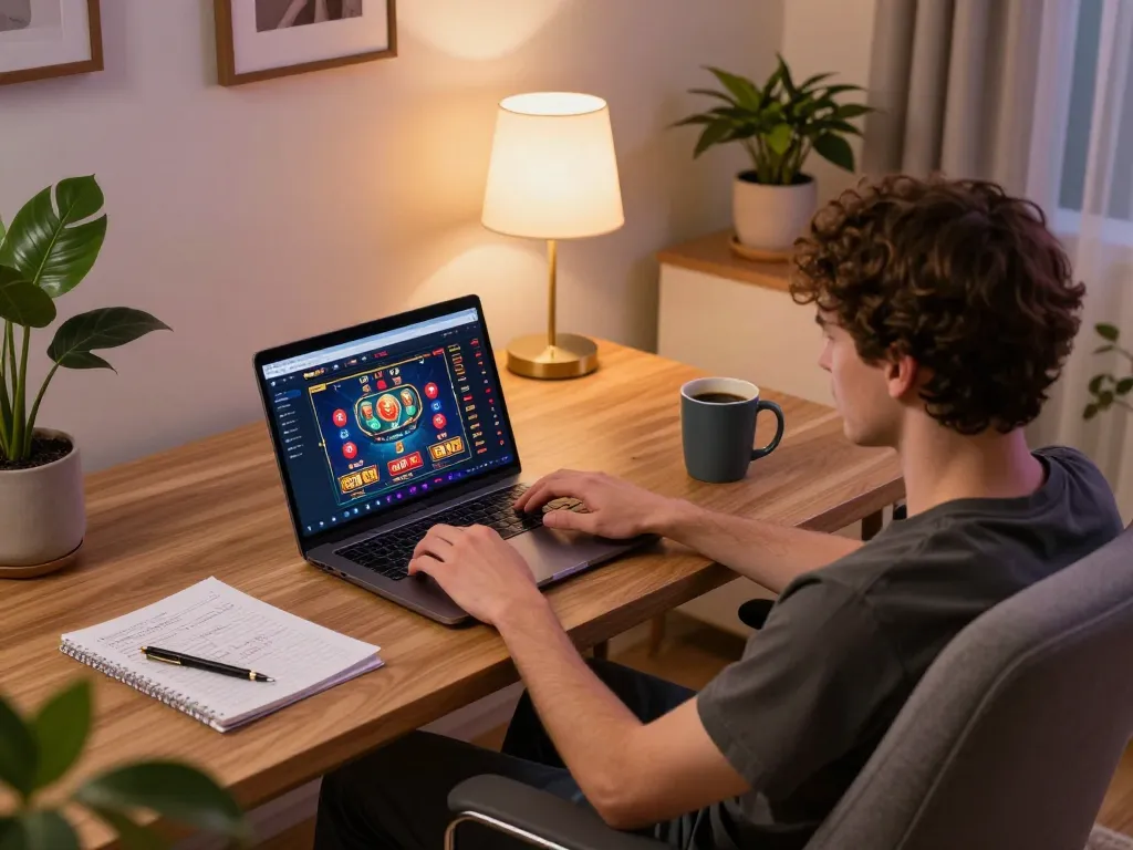 Playing online casino games on SHBET with strategy notes in a cozy home setting