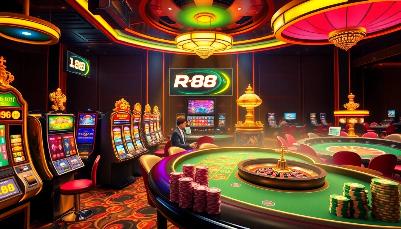 Experience the excitement at trang chủ rr88 with luxurious gaming visuals featuring poker tables and slot machines.