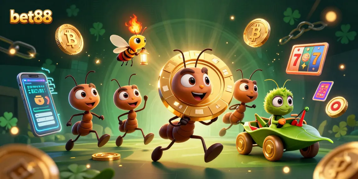 Bet88 features a heist scene with animated ants, Bitcoin coins, and exciting slot reels for casino gameplay.