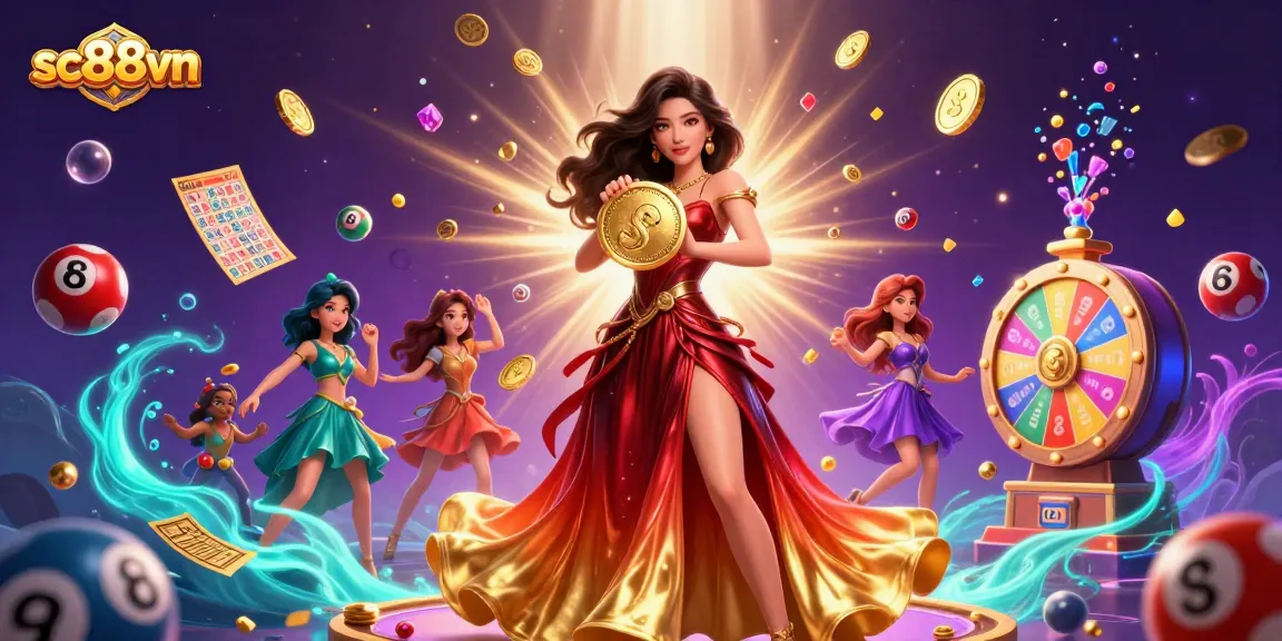Experience vibrant luck and prizes with sc88vn, featuring golden coins, a beautiful woman, and dynamic lottery elements.