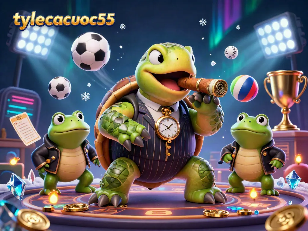 Experience sports betting thrills with tylecacuoc55 in a dynamic casino scene featuring cartoon characters and sports elements.