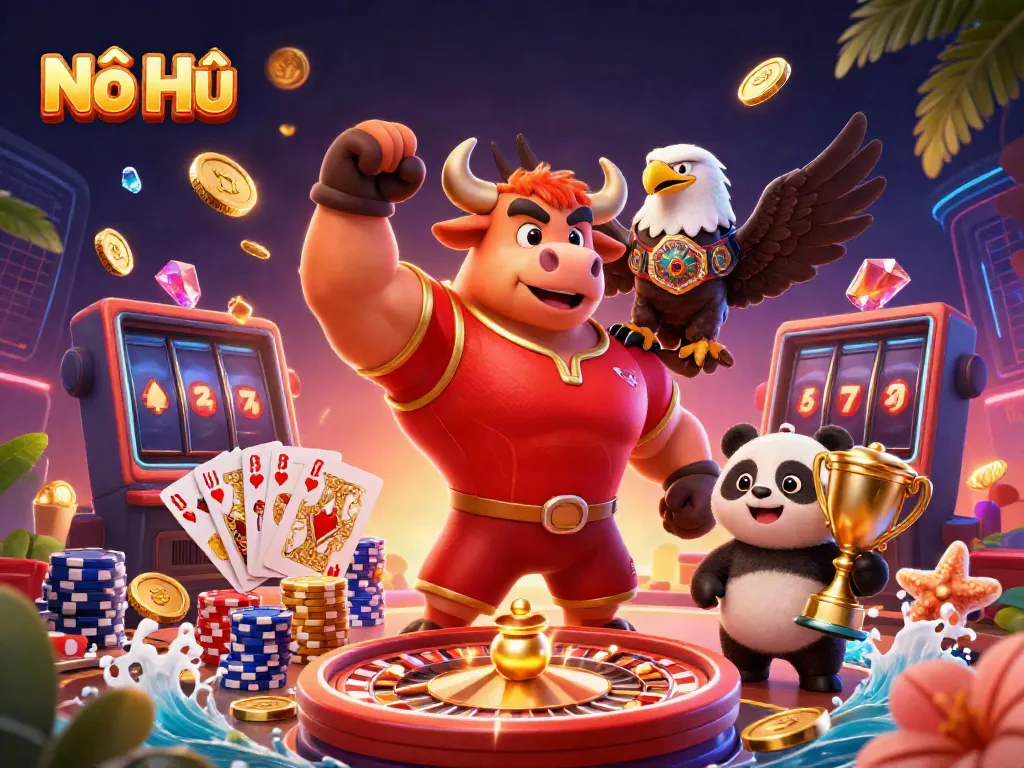 Nổ Hũ showcases an engaging casino scene with a bull mascot celebrating, surrounded by vibrant game elements and sparkling coins.