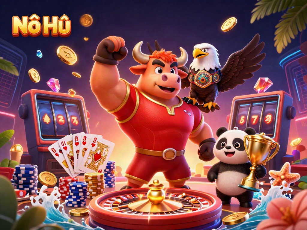 Nổ Hũ showcases an engaging casino scene with a bull mascot celebrating, surrounded by vibrant game elements and sparkling coins.
