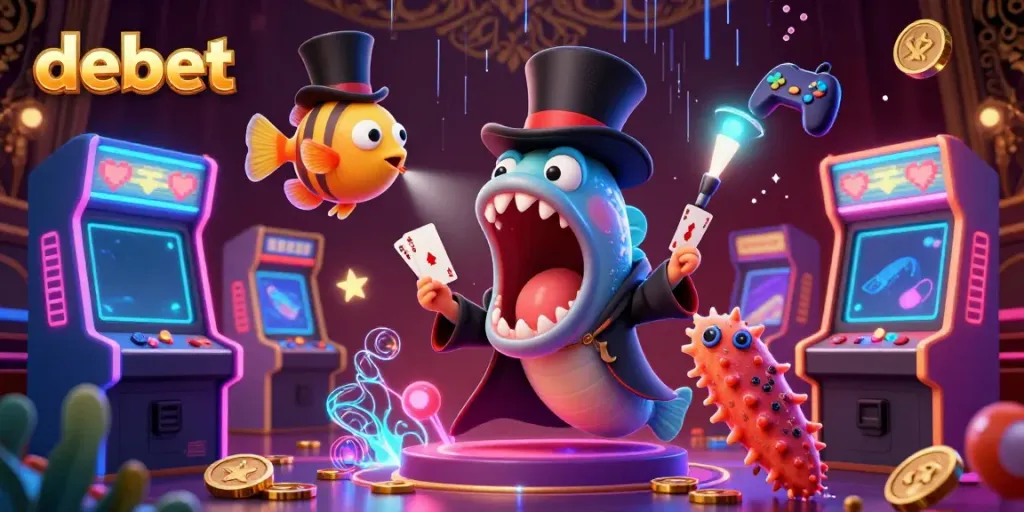 Engage with debet's vibrant casino scene featuring playful characters and arcade elements, ideal for online gaming.
