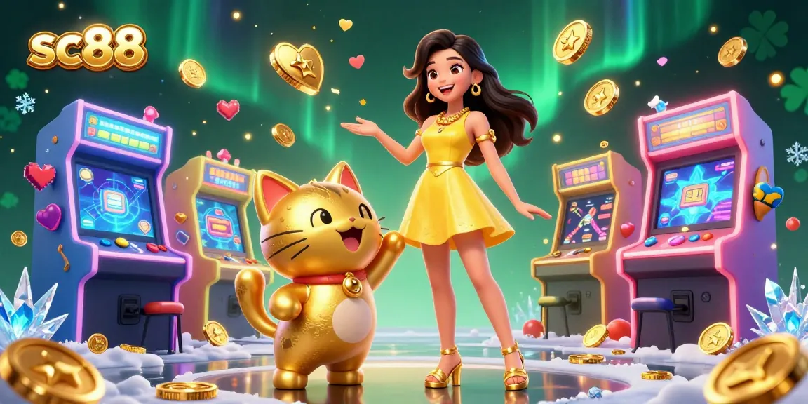 Join the fun at sc88 with a cheerful woman and a lucky cat mascot amidst vibrant casino elements.
