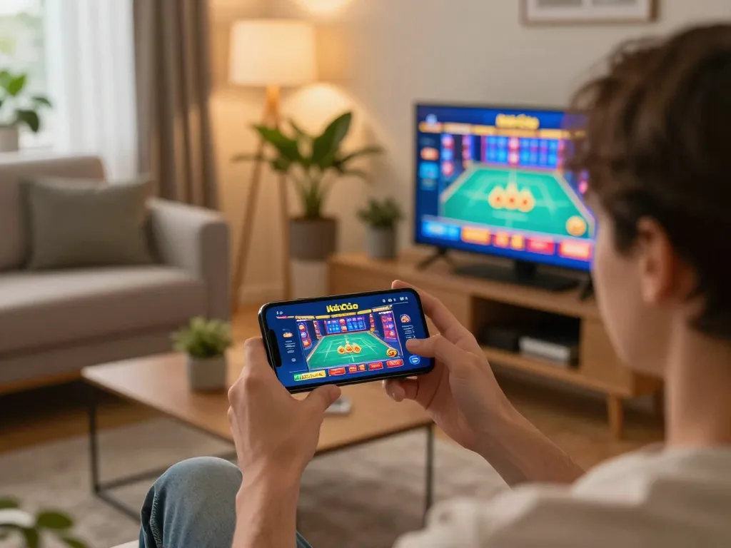 Player engaging with Nhà Cái Jun88 casino app during a cozy gaming session at home