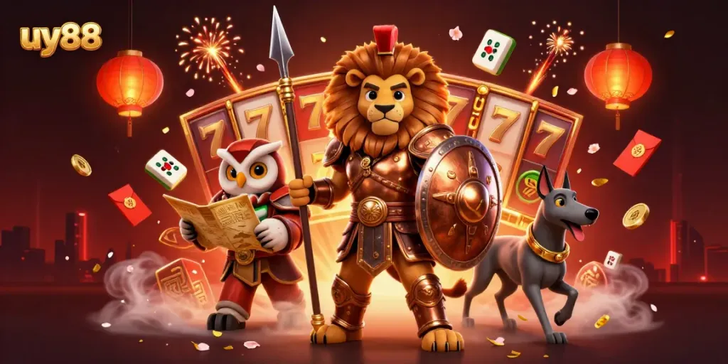 Engage with uy88's thrilling 3D illustration showcasing exciting casino games and characters.