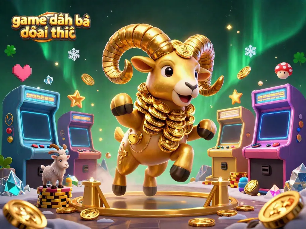 Engage with the vibrant world of game đánh bài đổi thưởng, showcasing dynamic arcade machines and a golden ram amidst a lively casino atmosphere.