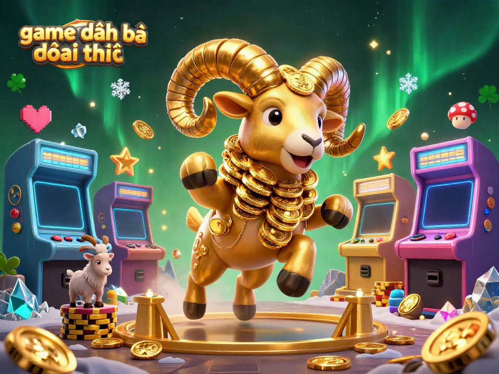 Engage with the vibrant world of game đánh bài đổi thưởng, showcasing dynamic arcade machines and a golden ram amidst a lively casino atmosphere.