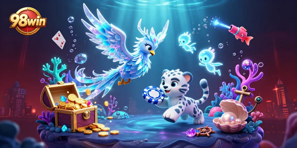 Engage in vibrant 98win gaming with an ice phoenix, snow leopard, and dynamic casino elements.