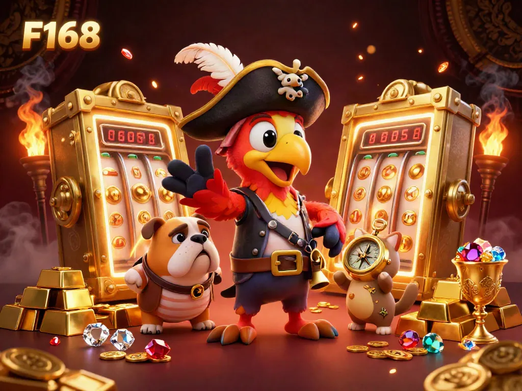 Experience F168's vibrant casino scene with characters exploring wealth and jackpot excitement.