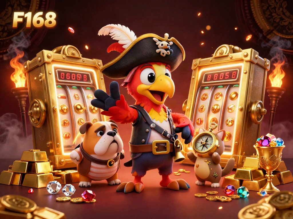 Experience F168's vibrant casino scene with characters exploring wealth and jackpot excitement.