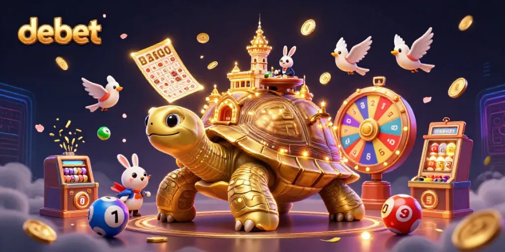 Experience winning moments at Debet's vibrant 3D casino scene featuring a golden tortoise and dynamic gaming elements.