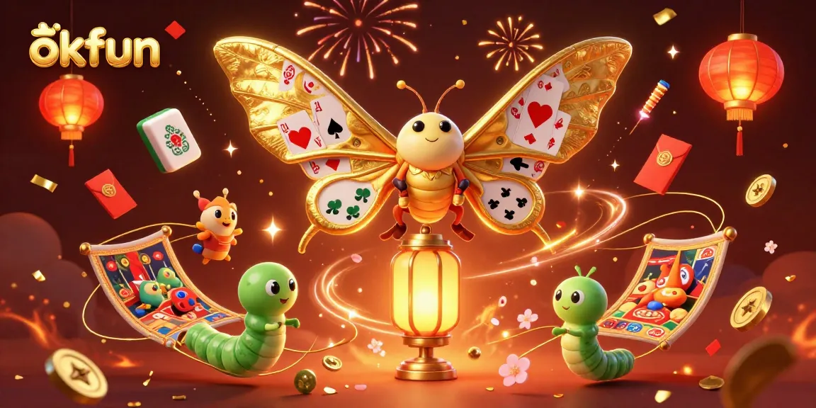 Play exciting casino games with okfun featuring a vibrant 3D illustration of lucky symbols and a majestic moth.