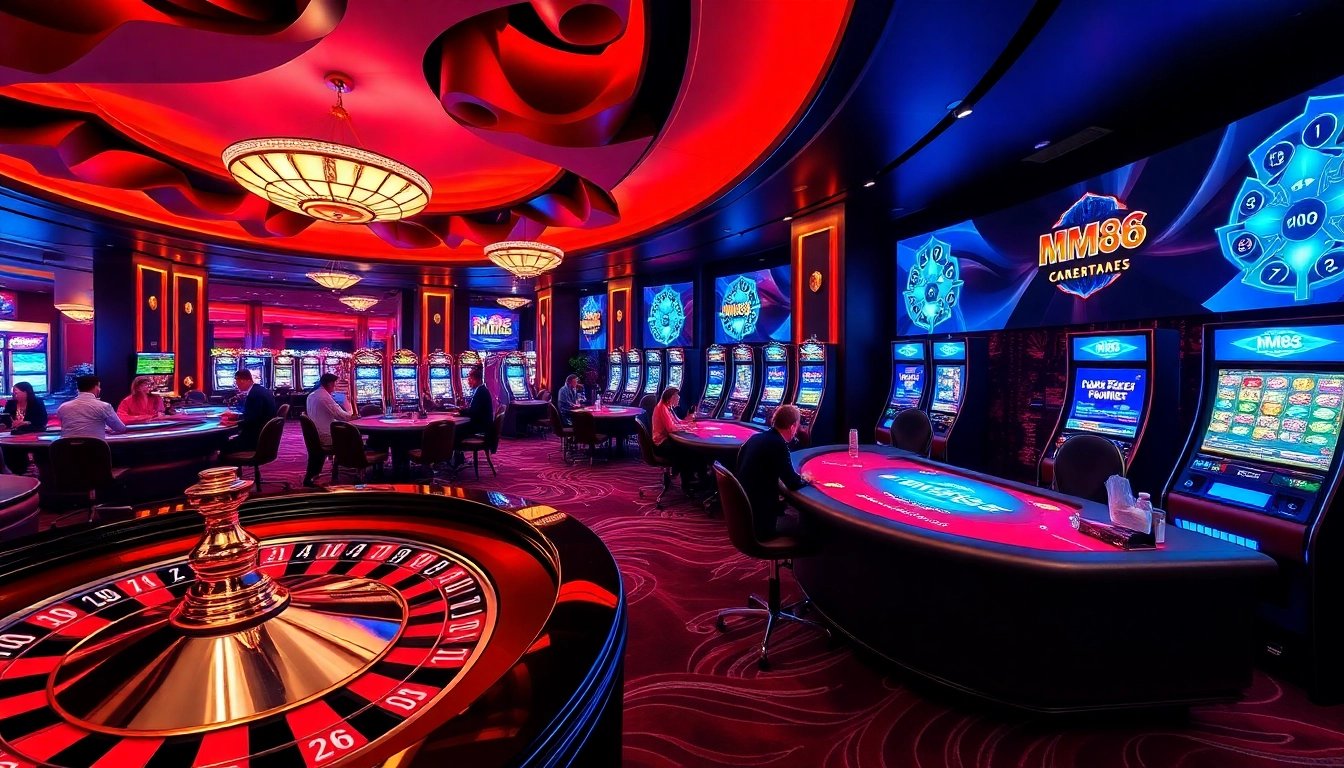 Engaged players enjoying a high-stakes game at MM88 casino with poker tables and slot machines.