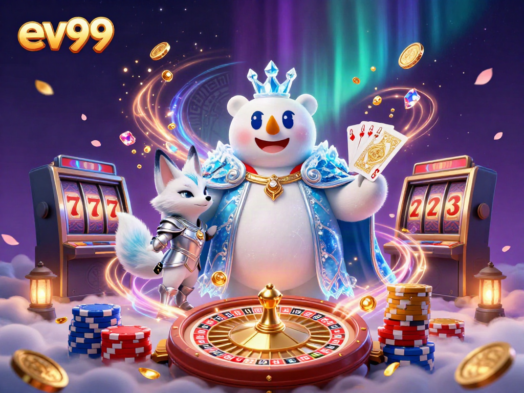 Experience the excitement at ev99 with a royal-themed 3D scene filled with vibrant gambling elements.