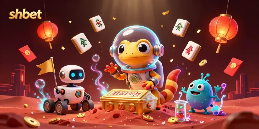 Interact with games at shbet, featuring a Martian gecko discovering a golden casino amidst vibrant casino-themed elements.