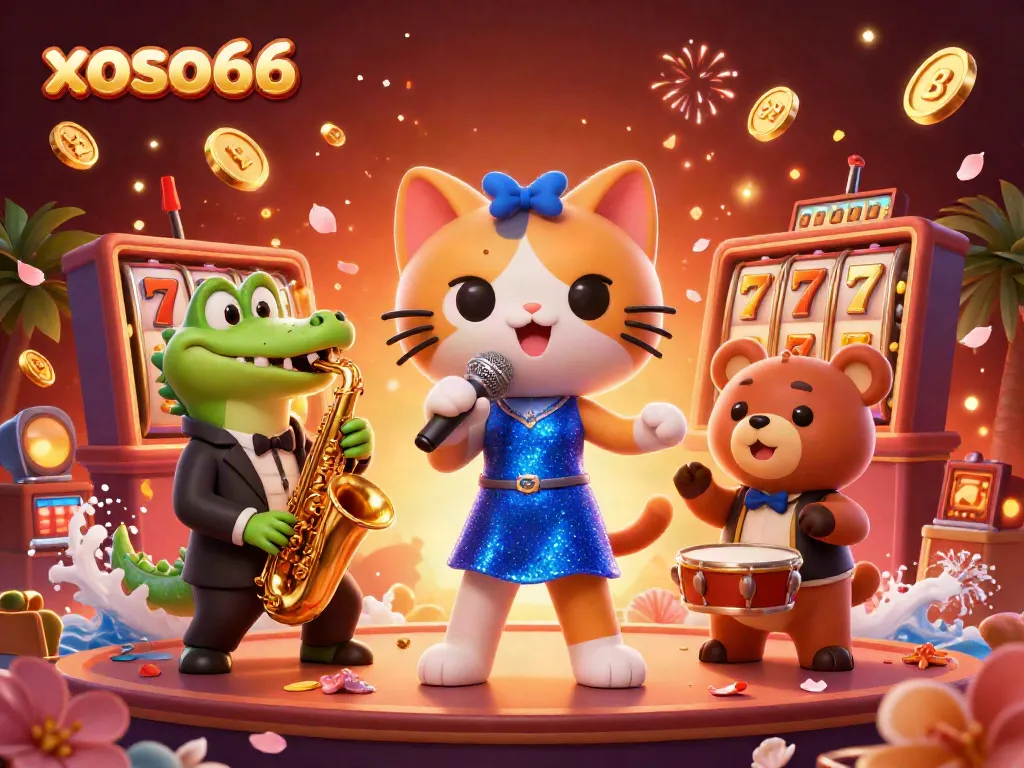 xoso66 showcases a vibrant casino scene with a singing cat and friends, highlighting slots and jackpots.